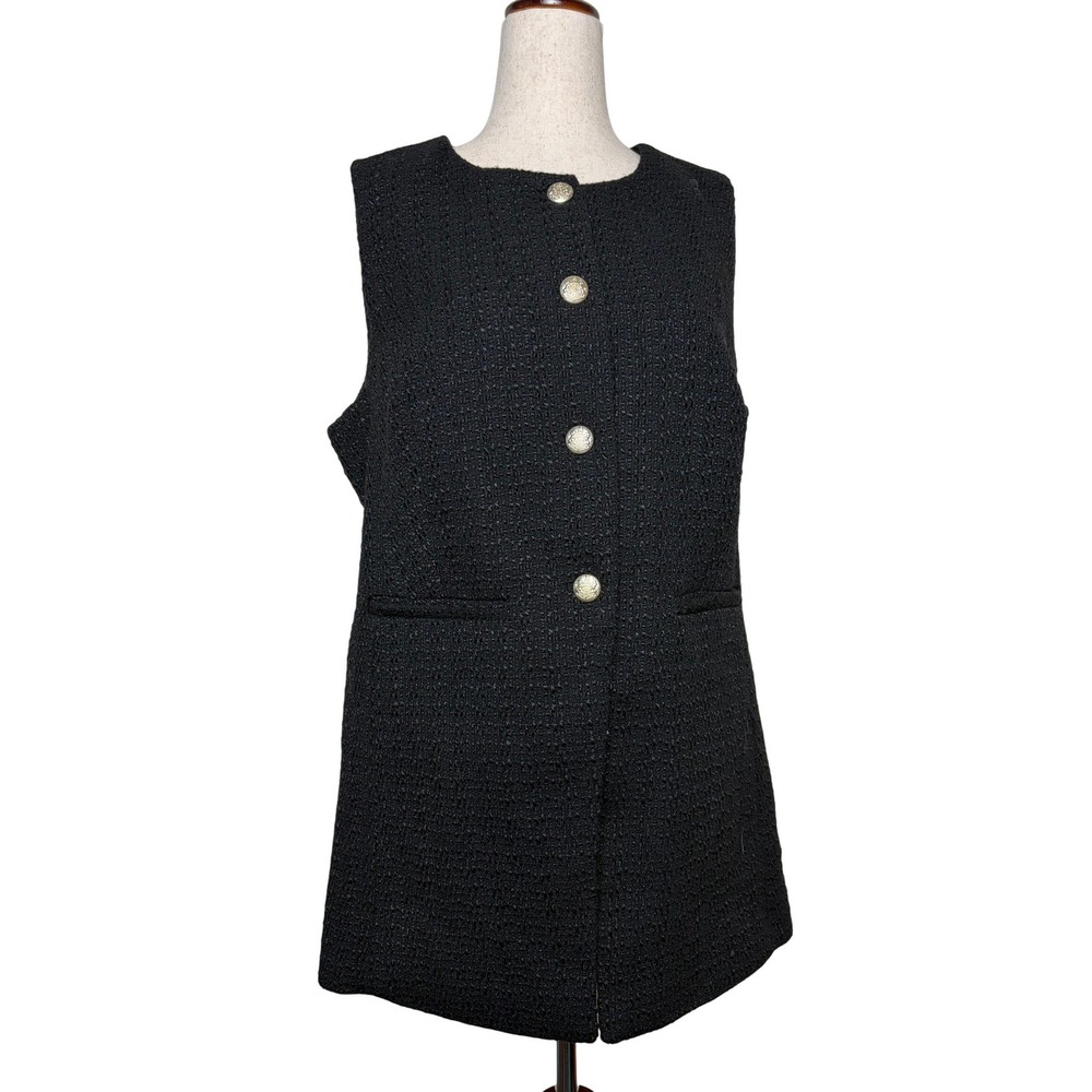 Marled Black Tweed Longline Vest Gold Crest Buttons Womens Large Vest